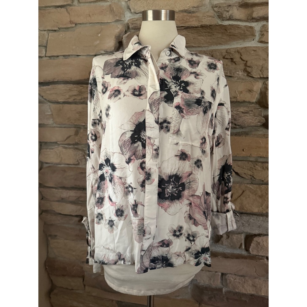 DKNY Womens Floral Button Down Shirt Long Sleeve Tie Cuff Cream Mauve Size M